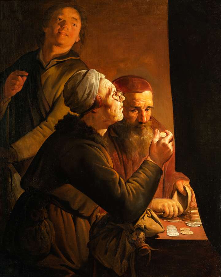 Interior with and old woman examining gold coins by Candlelight.